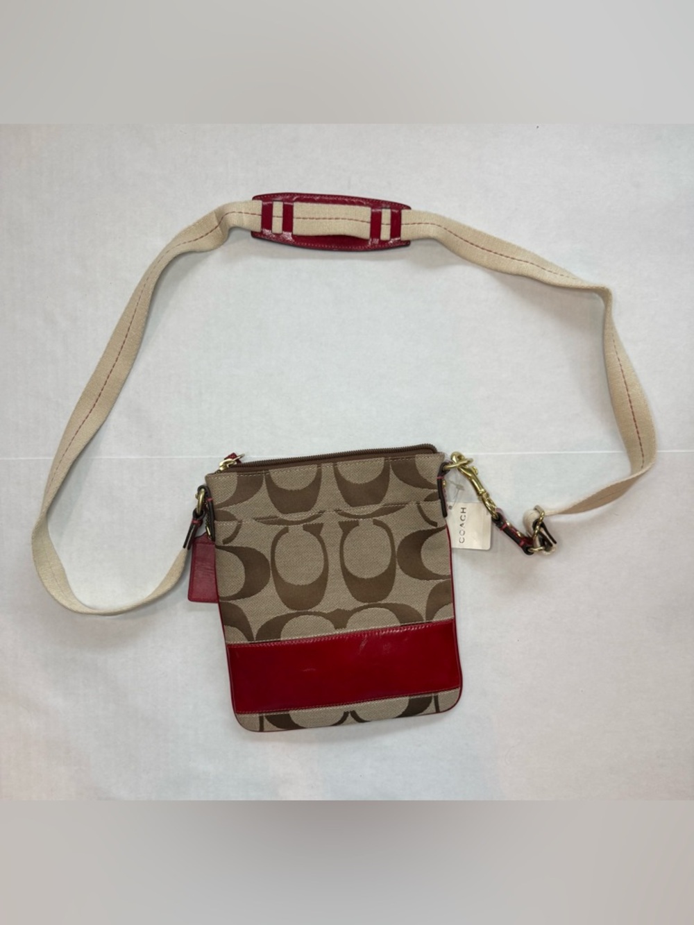 NWT Coach Signature Brown Canvas Crossbody Burgundy Red Stripe Leather Bag - Picture 1 of 8